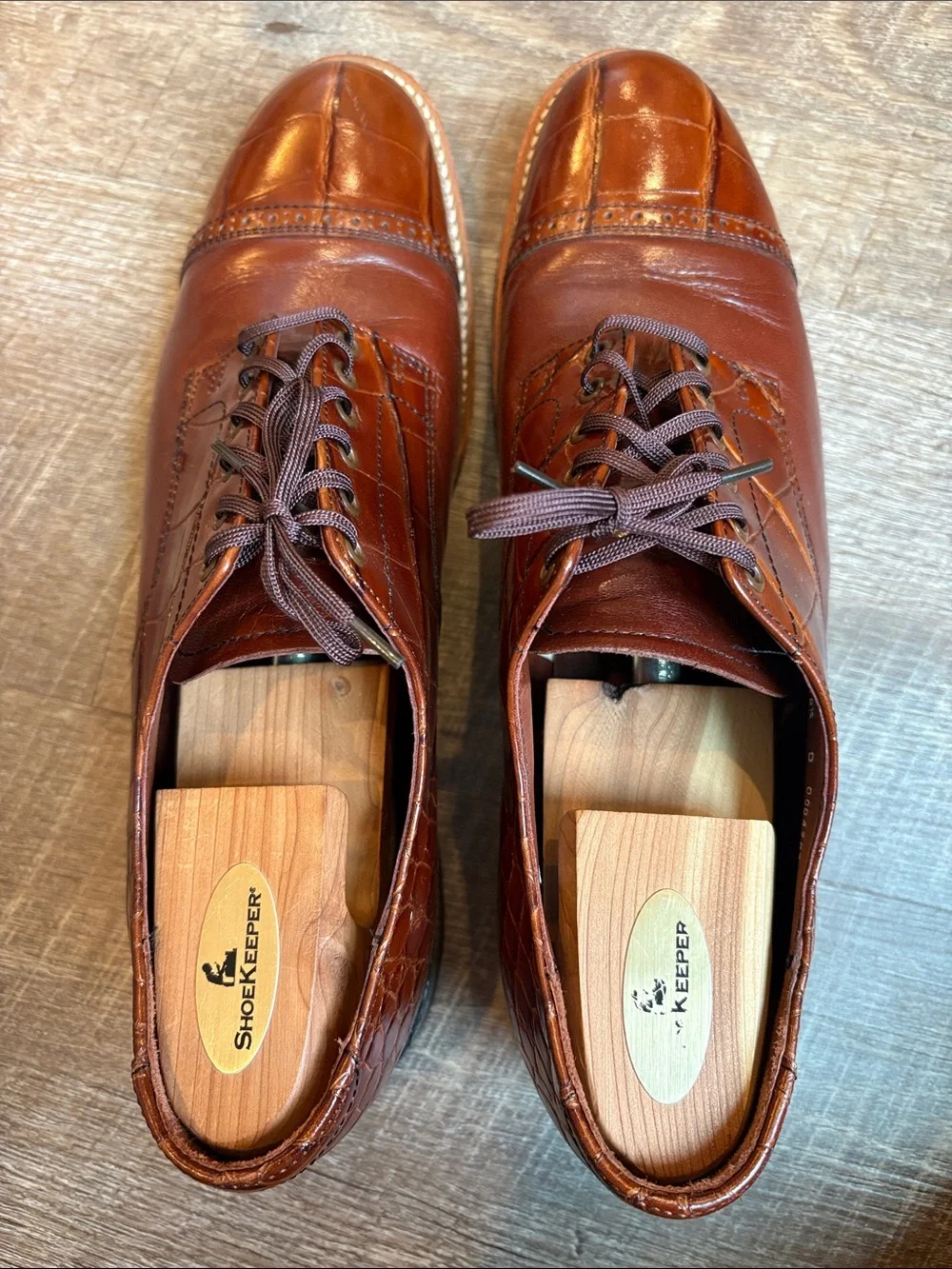 Stacy Adams Croc Print Oxford Mens 10.5 Brown Leather Lace Up Shoes